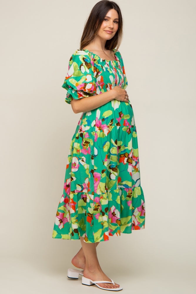 Green Textured Puff Sleeve Sweetheart Neckline Maternity Dress main image 1
