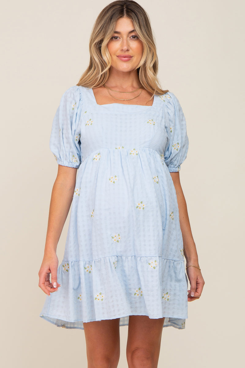 Light Blue Floral Embroidered Puff Sleeve Maternity Dress PinkBlush