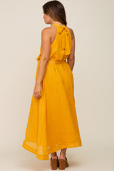 Yellow Linen A-line Maternity Midi Dress