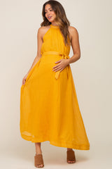 Yellow Linen A-line Maternity Midi Dress
