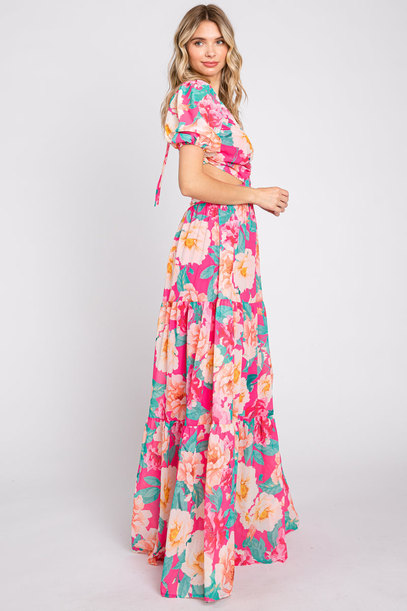 Notch Neck Chiffon Simple Floor Length Dress Fuchsia