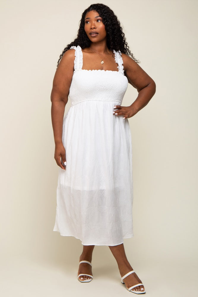 Embroidered Smocked Back Midi Dress (White)
