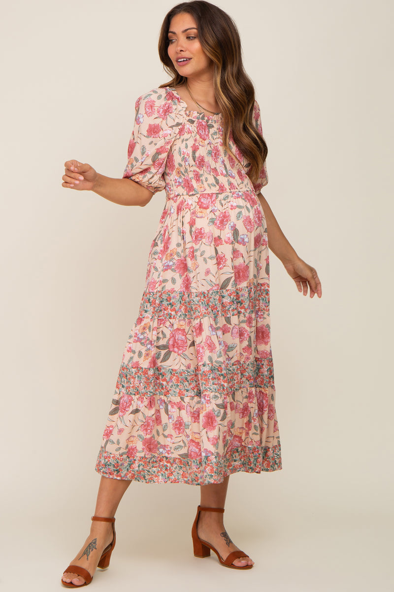Mauve Floral Tiered Puff Sleeve Maxi Dress