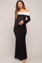 Black Ribbed Knit Colorblock Long Sleeve Off Shoulder Maternity Gown