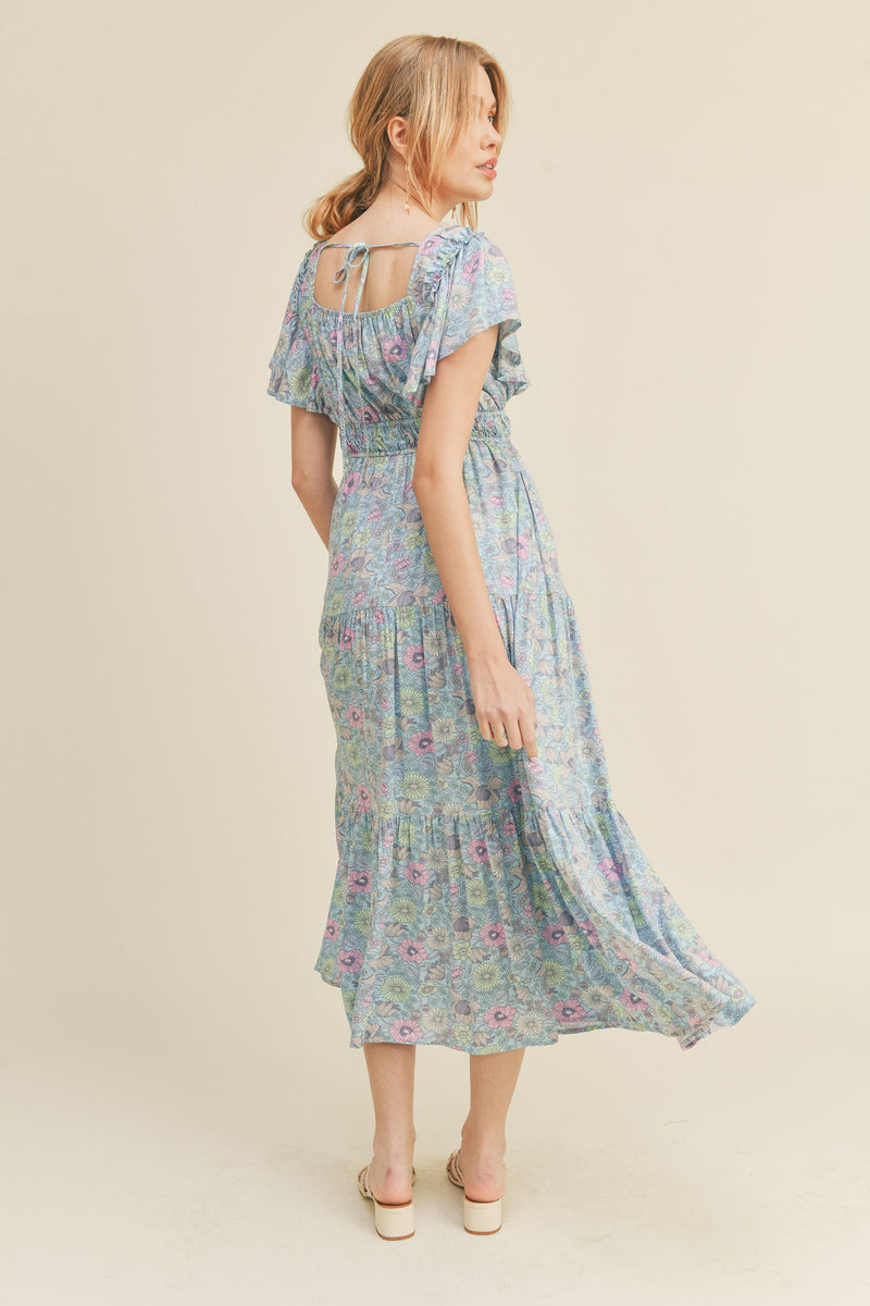 Sky Blue Smocked Bodice Short Puff Sleeve Tiered Floral Midi Dress