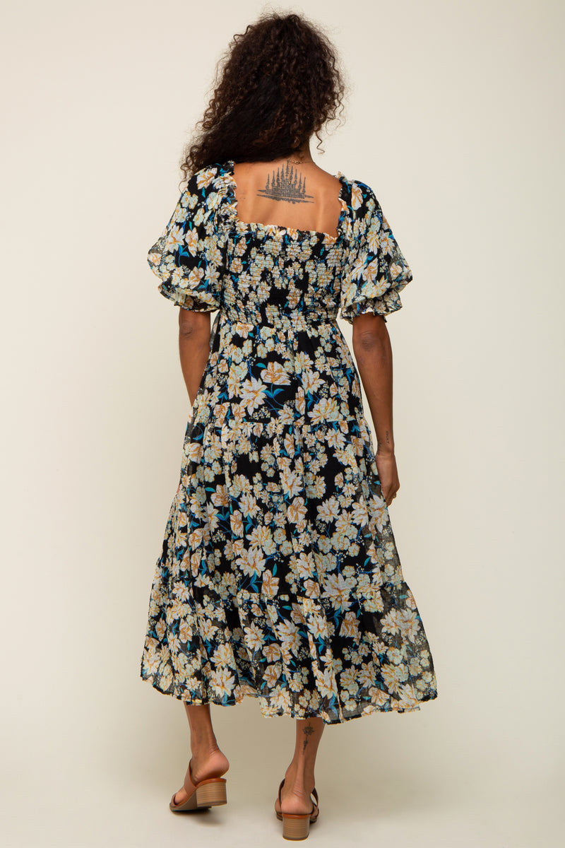 Flower Patch Flocked Velvet Fitted Midi Dress With Puff Sleeves main image 1