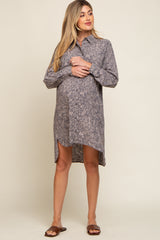 Grey Floral Button Up Long Sleeve Maternity Dress