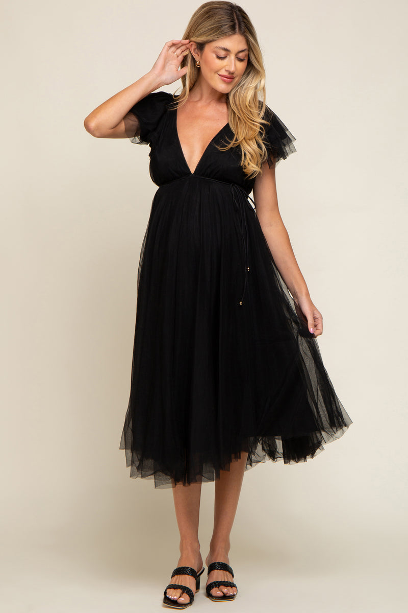 Coral Deep V-Neck Flutter Sleeve Tiered Maternity Midi Dress main image 0