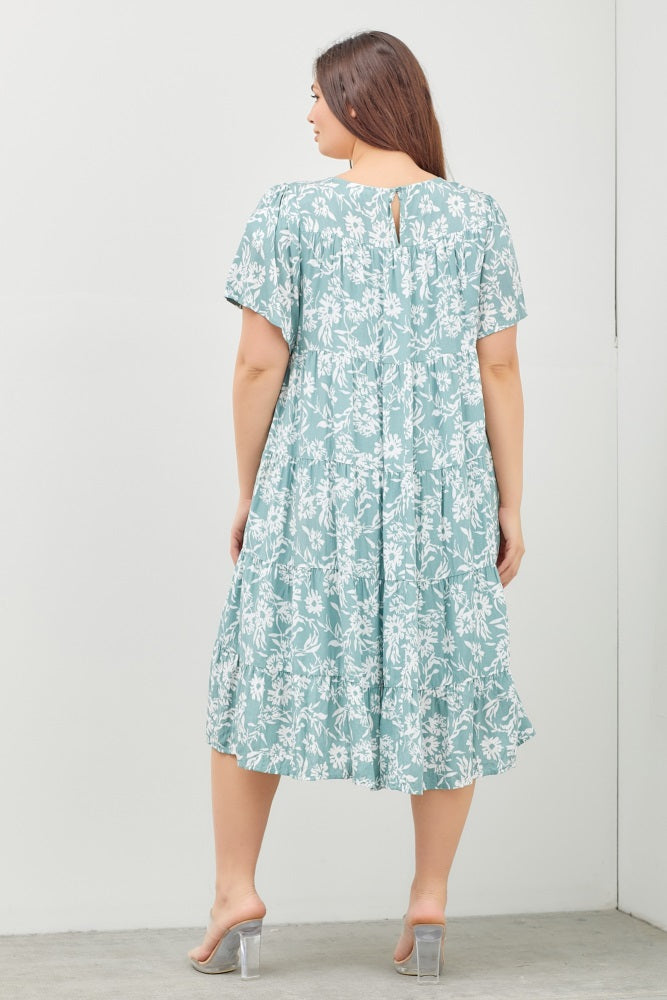Mint Green Geometric Screen Printed Cotton Dress – Puff Sleeve Boho Tiered Midi Dress
