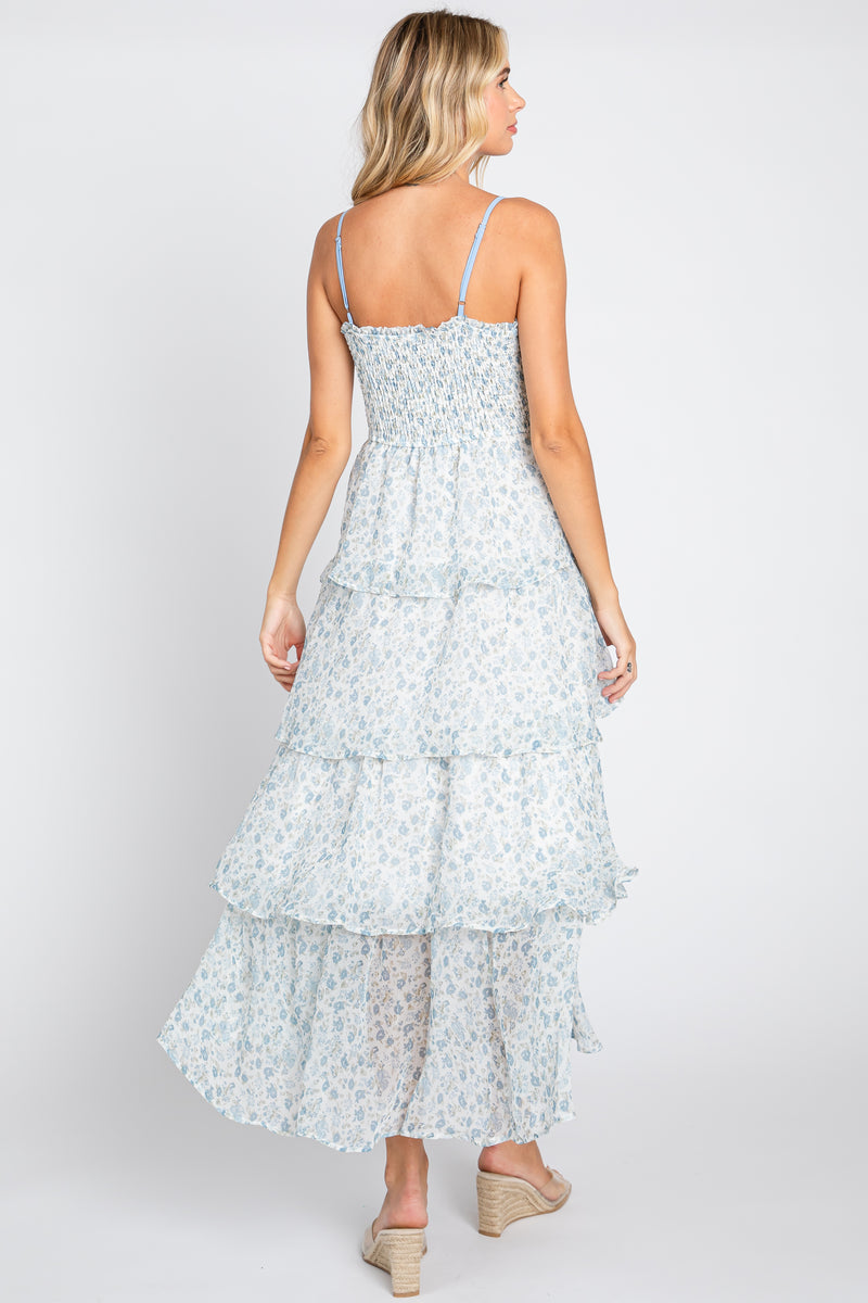 Light Blue Floral Sleeveless Tiered Maxi Dress – PinkBlush