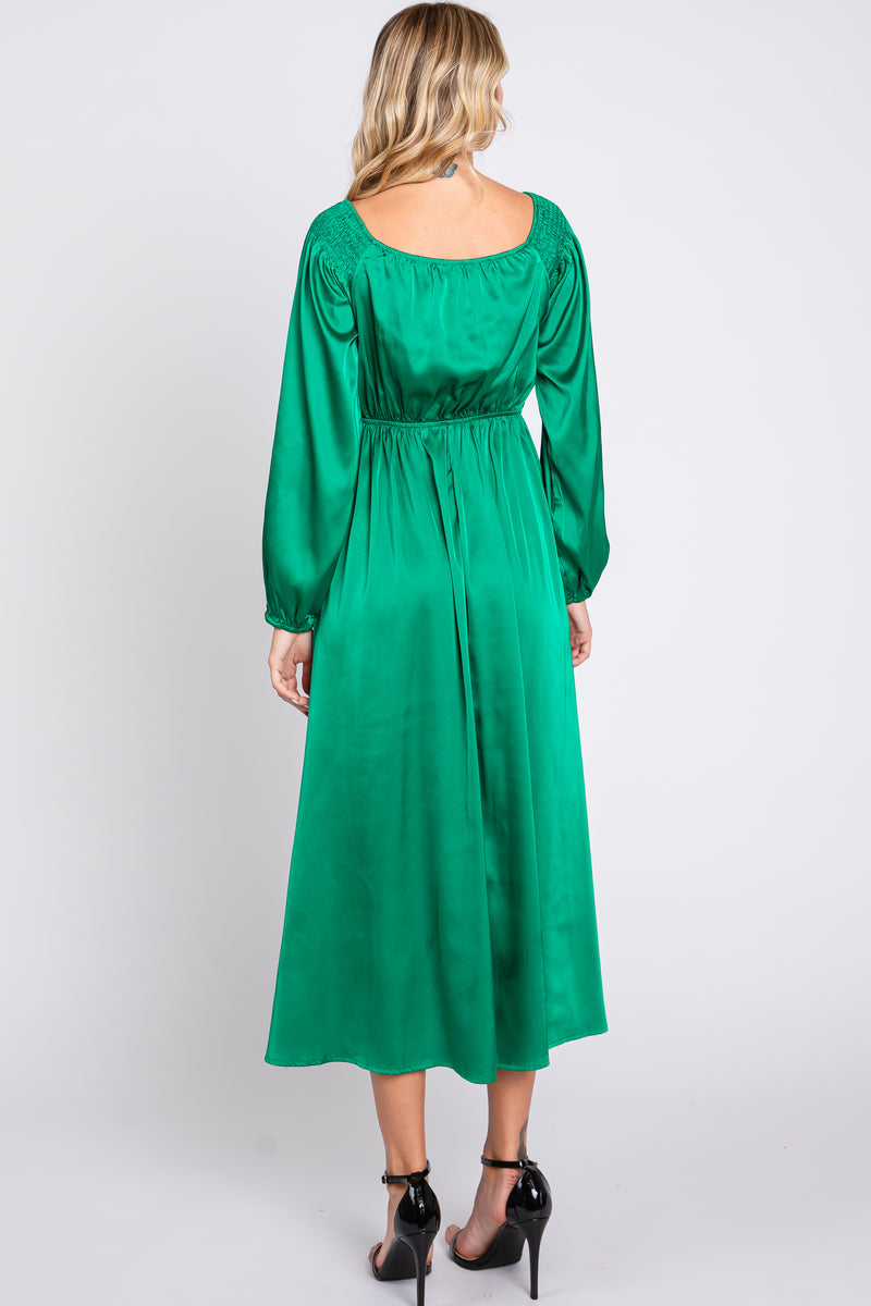 Green Midi Satin Dress Emerald Green Leopard Print Satin Angel Sleeve Wrap  Skirt Midi