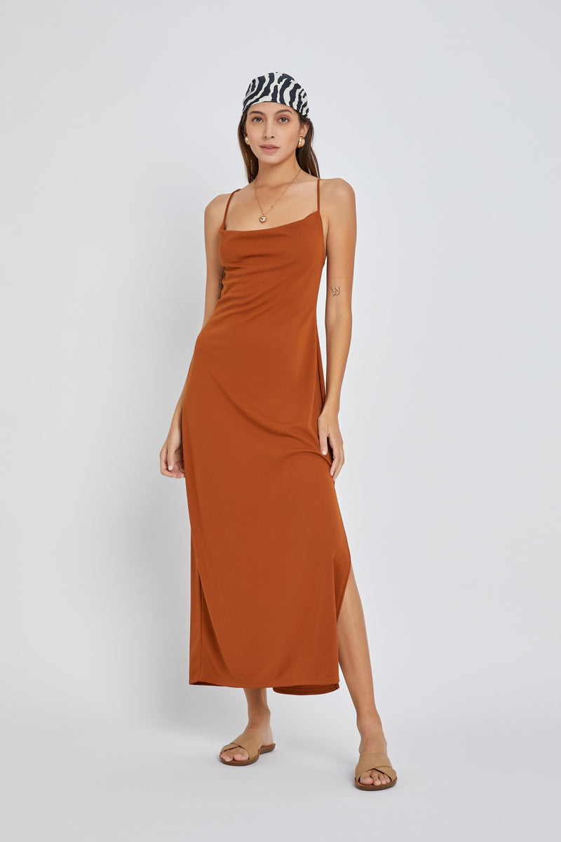 Cap Sleeves V-neck Chiffon Dress with Slit Rust main image 1