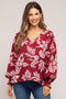 Burgundy Floral V-Neck Long Sleeve Maternity Blouse