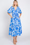 Blue Floral Button Up Puff Sleeve Midi Dress