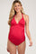 Red Ribbed Low Back Halter One-Piece Maternity Swimsuit