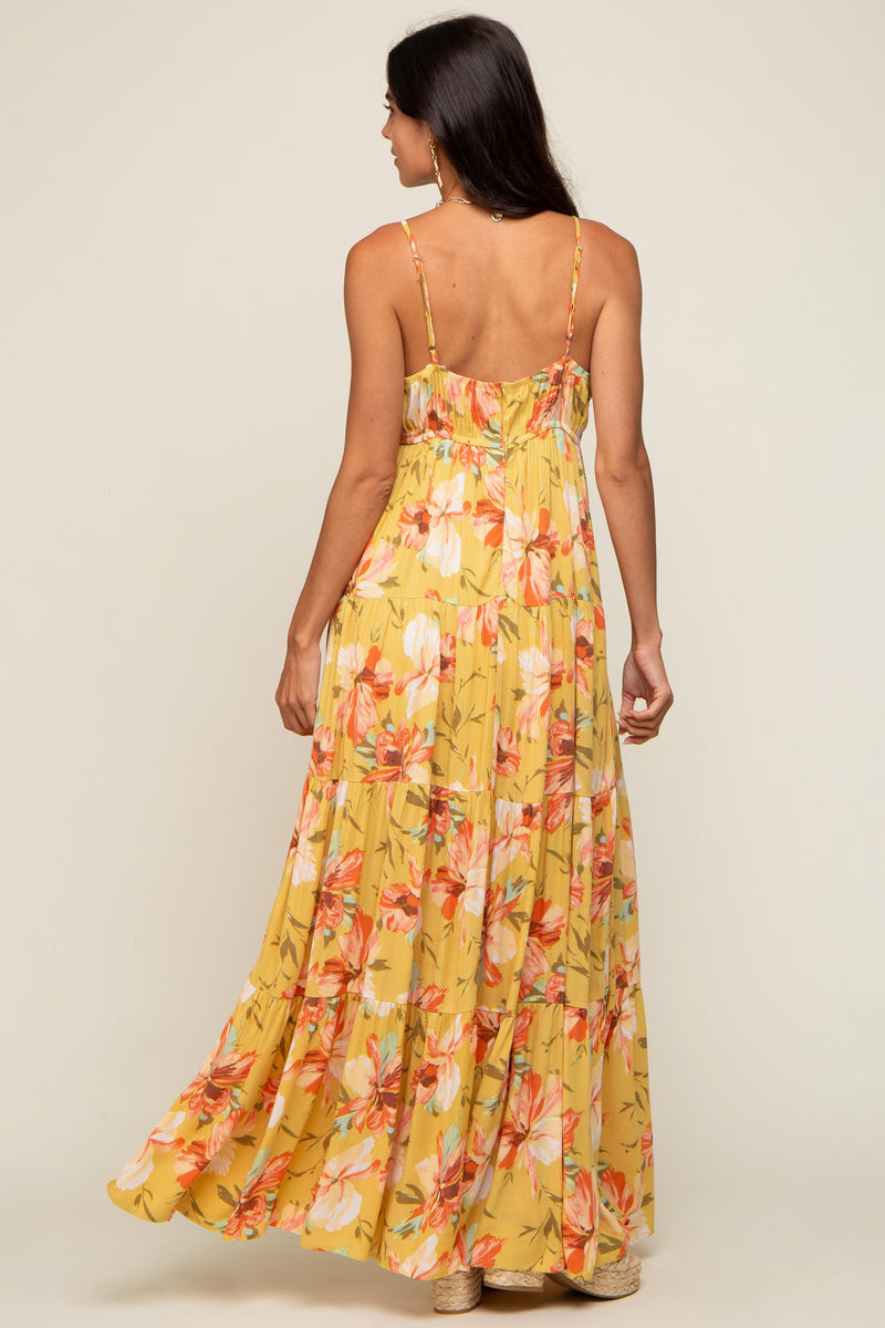 Yellow Floral Sleeveless Tiered Maxi Dress – PinkBlush