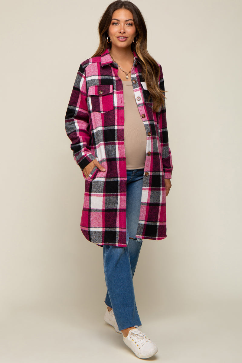 Mauve Plaid Textured Maternity Shirt Jacket