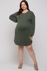 Olive Rib Knit Long Sleeve Maternity Plus Dress