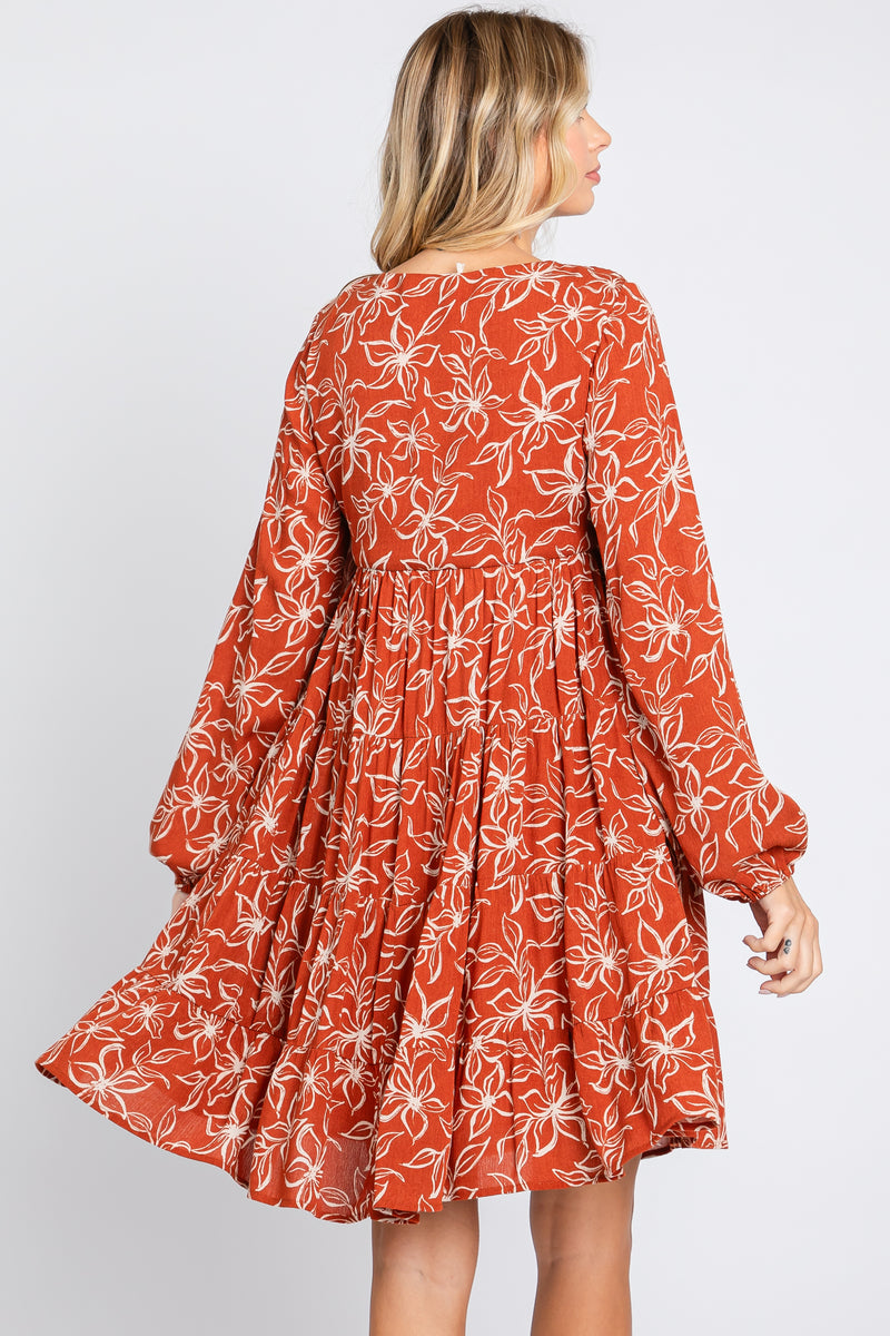Floral Print Button Front Tiered Dress