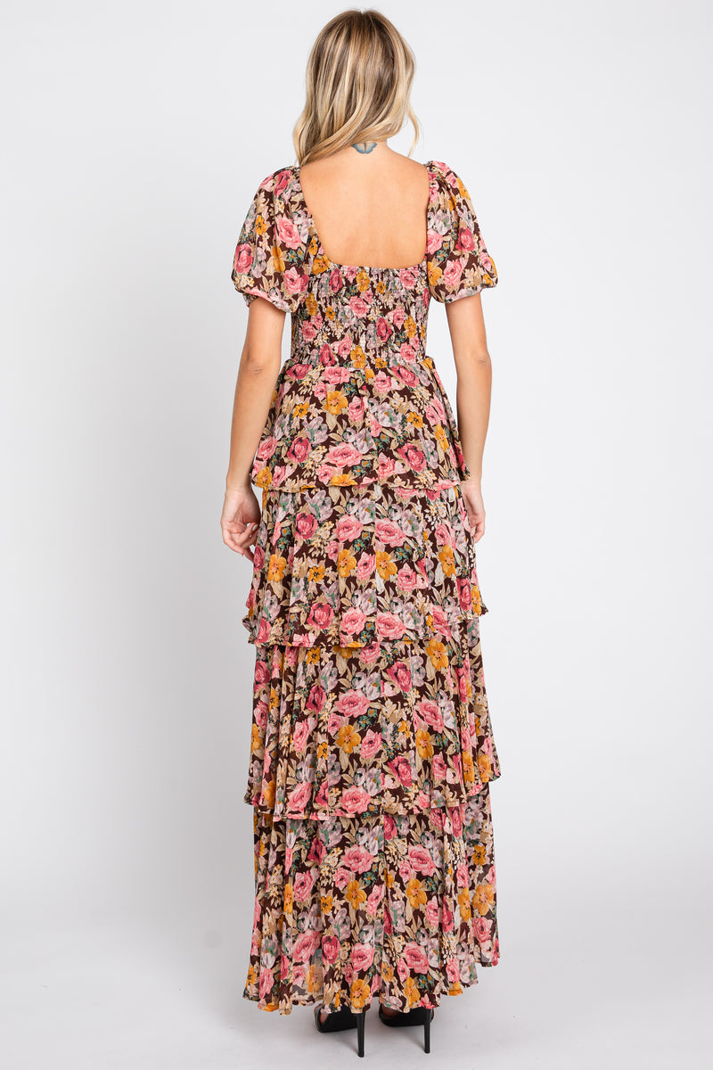 Floral Smocked Ruffle Maxi Dress in Cream