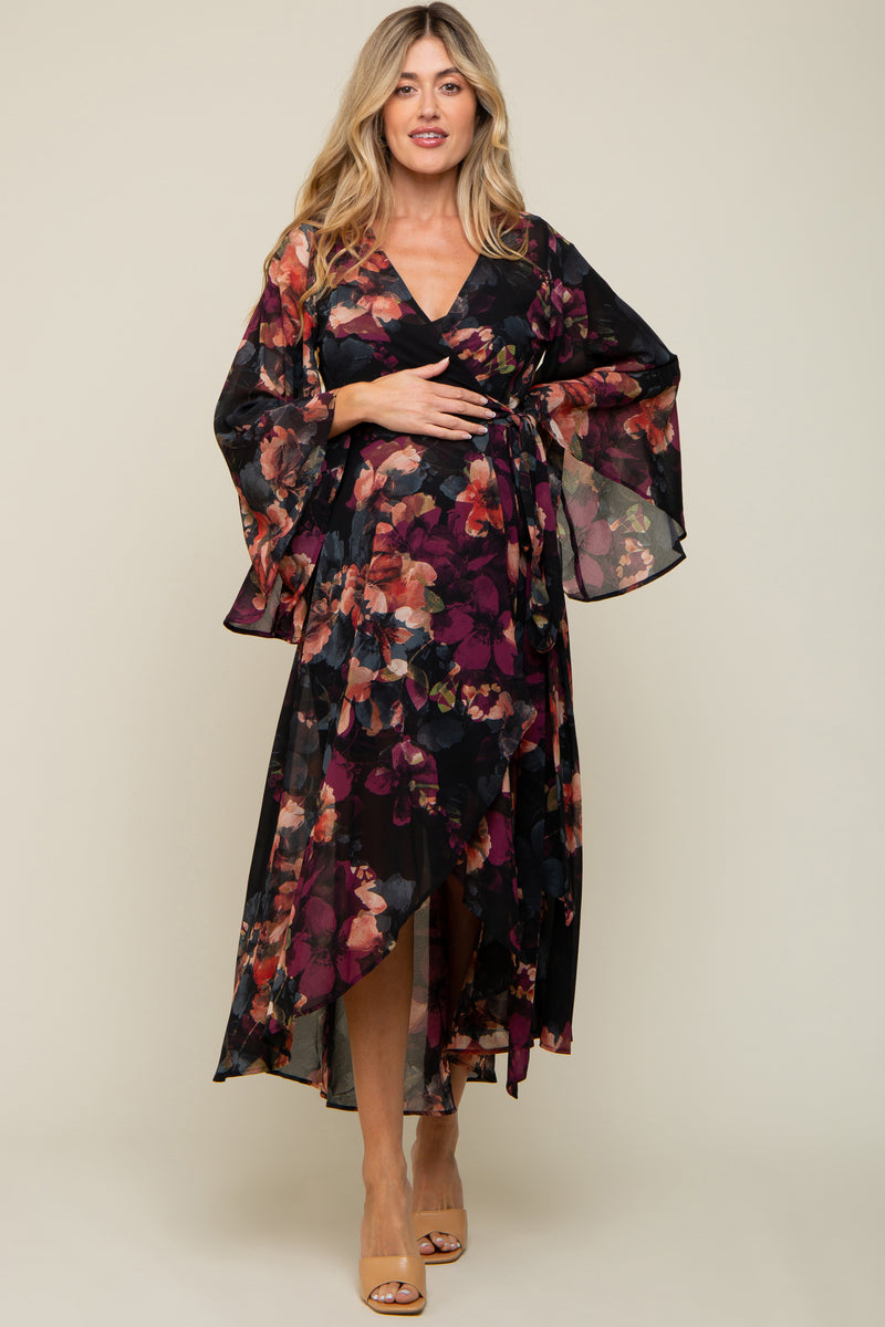 Floral V-Neck Wrap High-Low Midi Maternity Dress