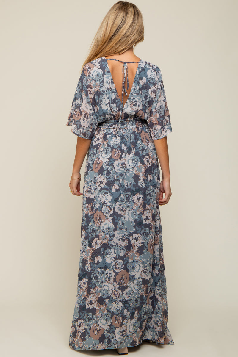 Pre-Order Blue Floral Print V Neck Wrap Split Maxi Dress