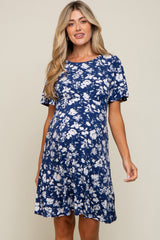 Navy Blue Floral Short Sleeve Maternity Dress