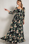 Black Floral Chiffon Square Neck 3/4 Ruffle Sleeve Maxi Dress