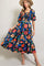 Black Floral Satin Smocked Short Sleeve Midi Dress