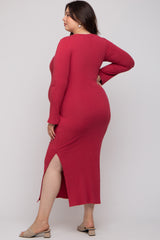 Red Ribbed Side Slit Maternity Plus Maxi Dress