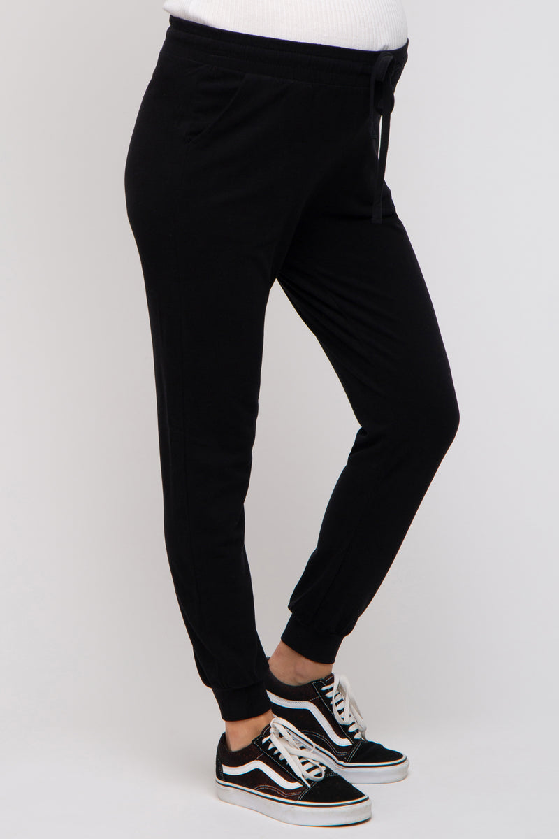 Black Ultra Soft Knit Drawstring Maternity Joggers PinkBlush