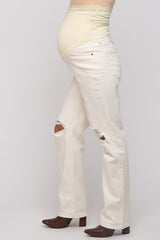 Cream Distressed Knee Maternity Jeans
