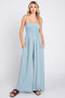 Light Blue Smocked Linen Wide Leg Jumpsuit