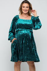 Teal Green Velour Square Neck Maternity Plus Dress