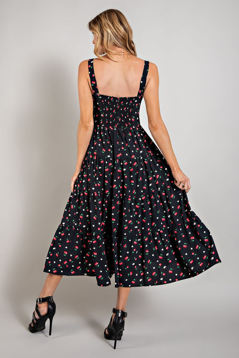 Black Cherry Print Sweetheart Neckline Maxi Dress PinkBlush