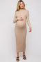 Beige Ribbed Turtle Neck Maternity Midi Dress