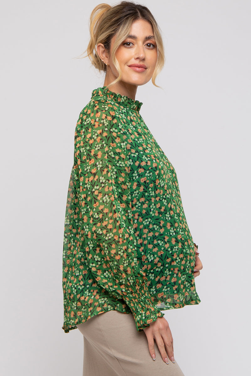 Seeds of Happiness Tulle Floral Print Balloon Sleeve Belt Blouse