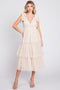 Cream Sleeveless Tiered Tie Strap Tulle Midi Dress