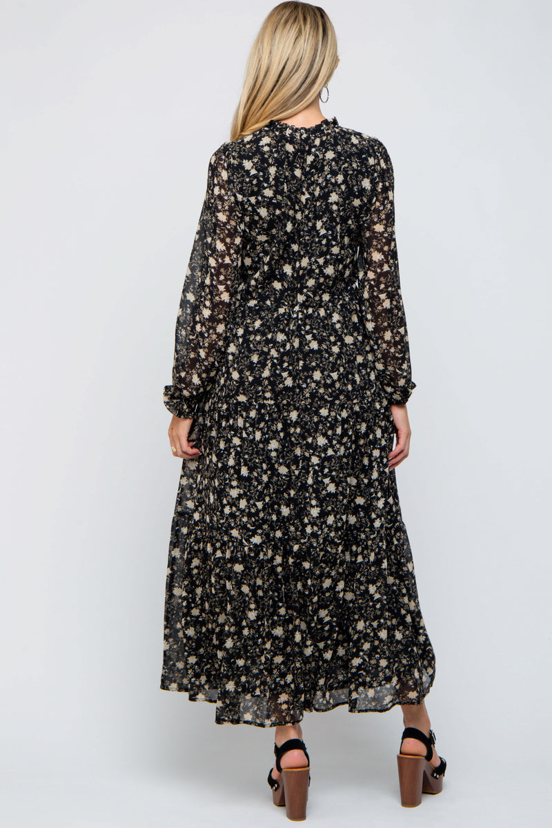 Black Chiffon Printed Tiered Maxi Dress