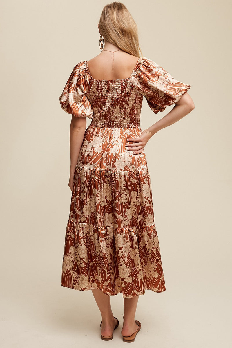 Brown Floral Print Puff Sleeve Silky Satin Midi Dress – PinkBlush