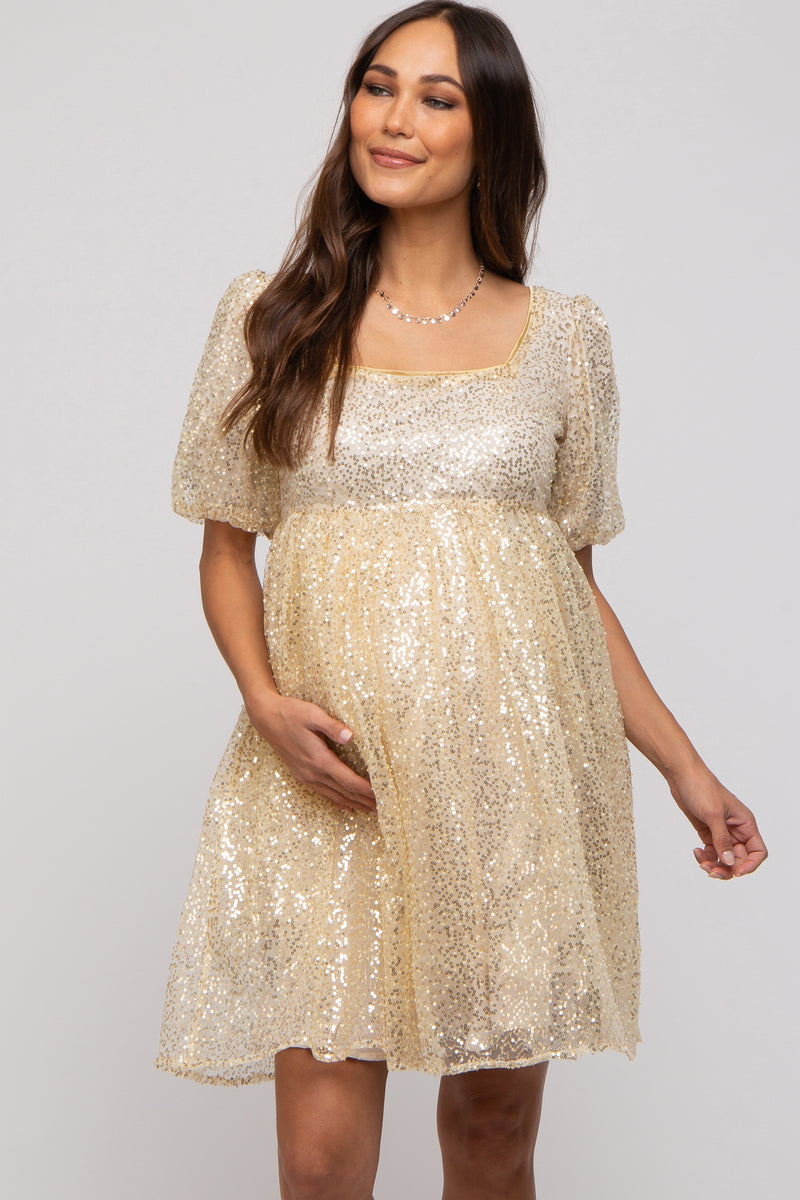 Sequin Beaded Babydoll Dress in Gold