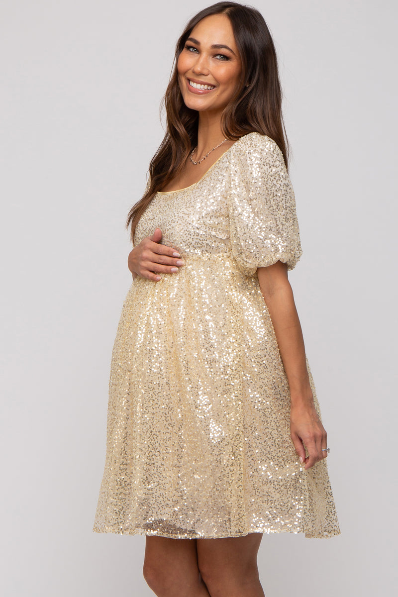 Sequin Beaded Babydoll Dress in Gold main image 1