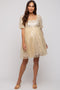 Gold Sequin Pearl Embellished Square Neck Babydoll Maternity Dress