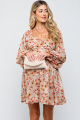 Taupe Floral Chiffon Sweetheart Neck Long Puff Sleeve Maternity Dress