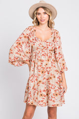 Taupe Floral Chiffon Sweetheart Neck Long Puff Sleeve Maternity Dress
