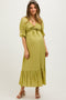 Light Olive Smocked Front Tie Maternity Midi Dress