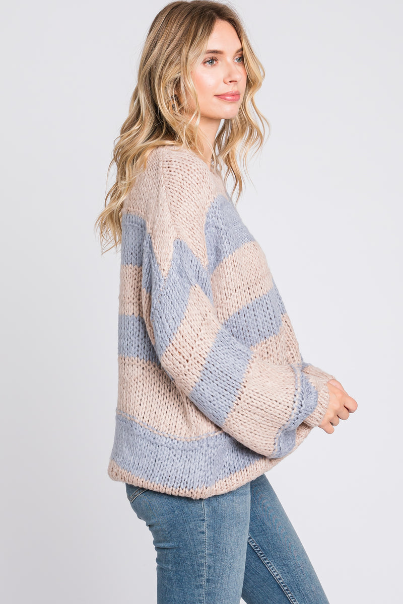 Cream and Blue Stripe Knit Sweater main image 0