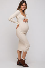Cream Ribbed Scallop Hem Long Sleeve Maternity Midi Dress