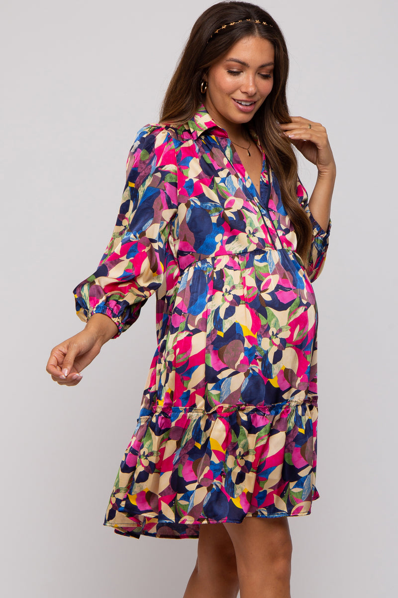 Navy Leaf Print Front Tie 3/4 Sleeve Maternity Dress