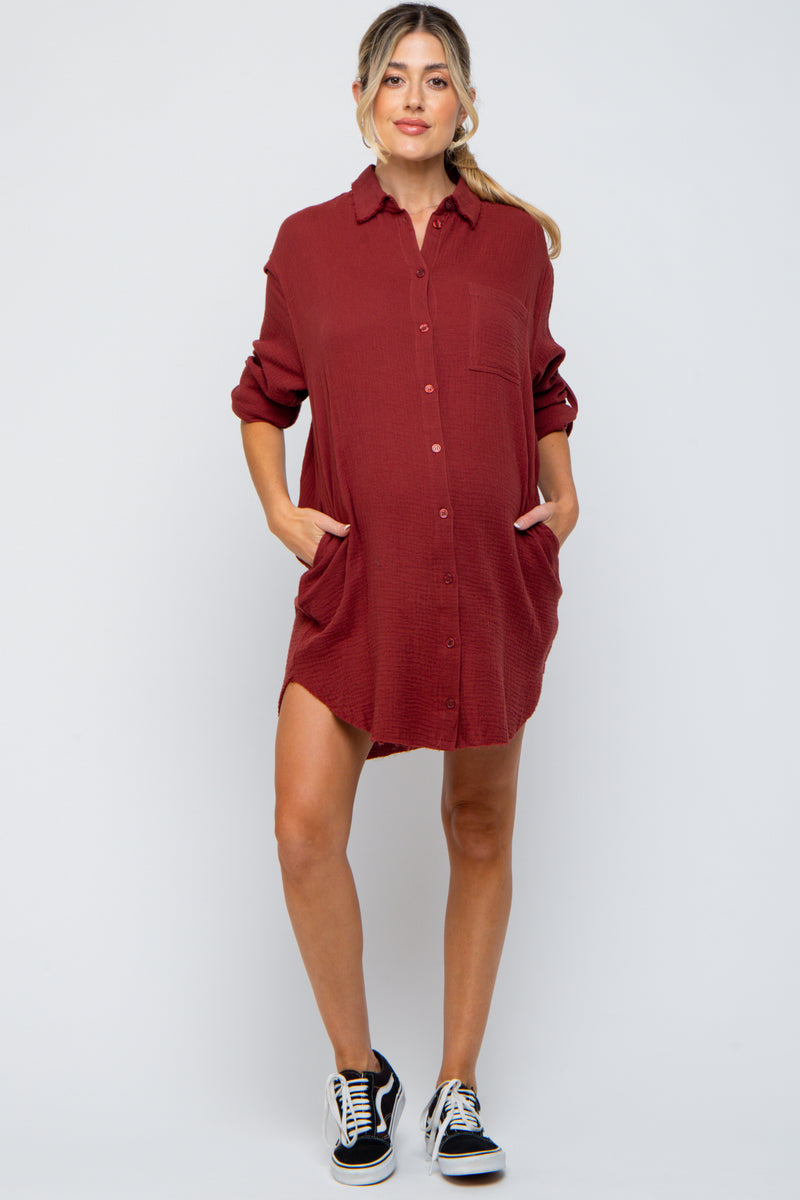 Burgundy Gauze Button Down Maternity Dress PinkBlush